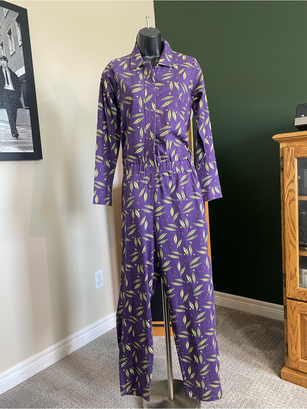 Compañia Fantastica purple jumpsuit pea print cotton button up